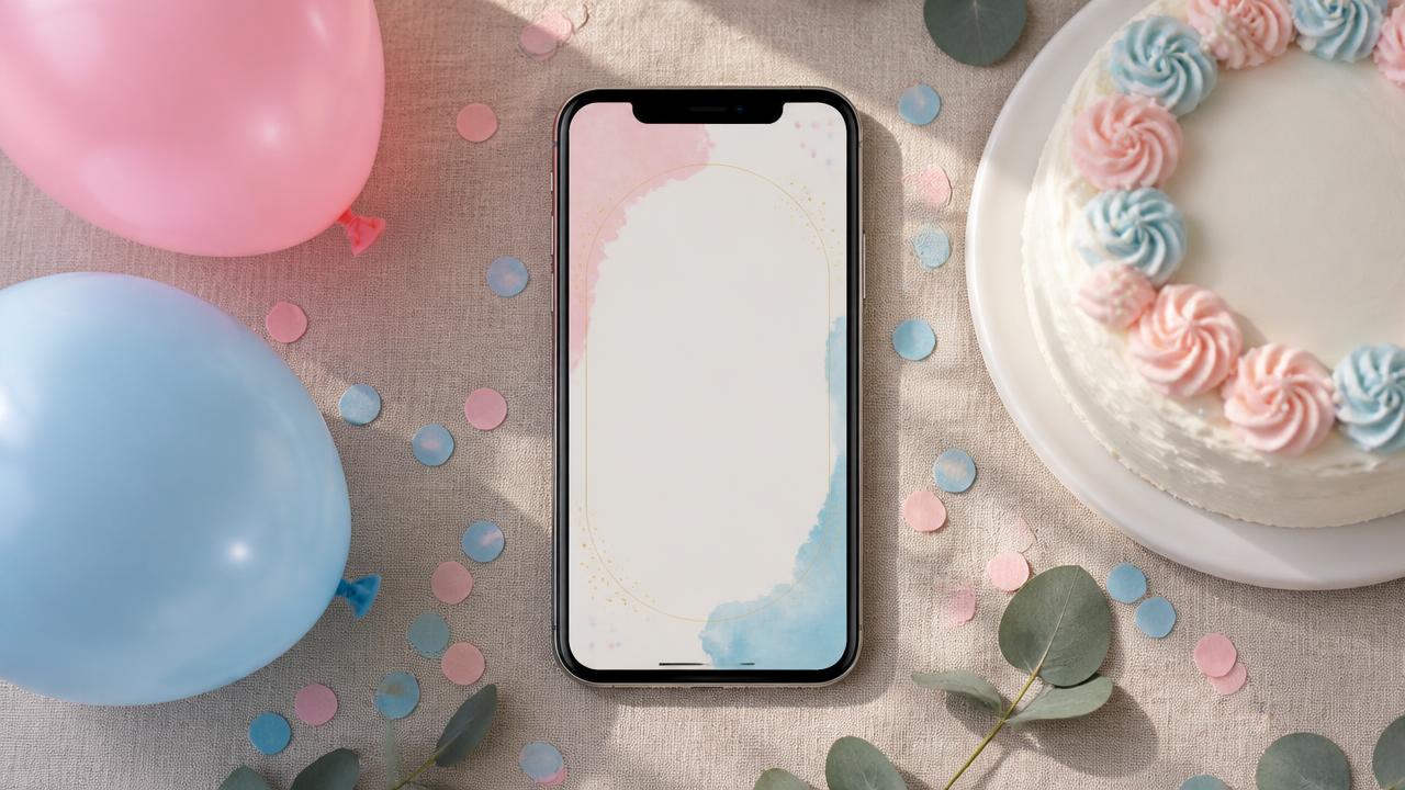 Convite de chá revelação em um celular sobre mesa clara, com balões rosa e azul, confete e bolo decorado