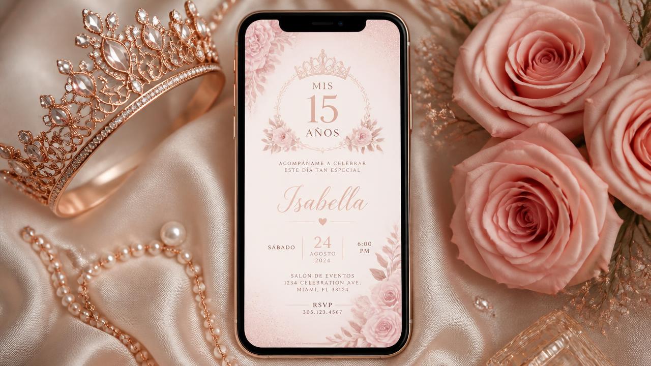 Convite de 15 anos digital exibido na tela de um celular ao lado de tiara e rosas