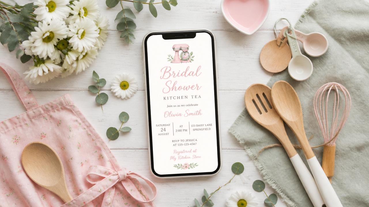 Convite de chá de panela digital em um celular cercado por utensílios de cozinha, avental e flores