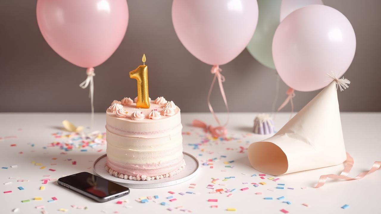 Mesa de festa de 1 aninho com bolo, vela em formato de número um, balões pastel e confetes