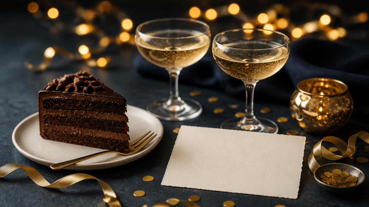 Mesa escura de festa adulta com fatia de bolo de chocolate, duas taças de espumante, confete dourado e cartão de convite em papel creme