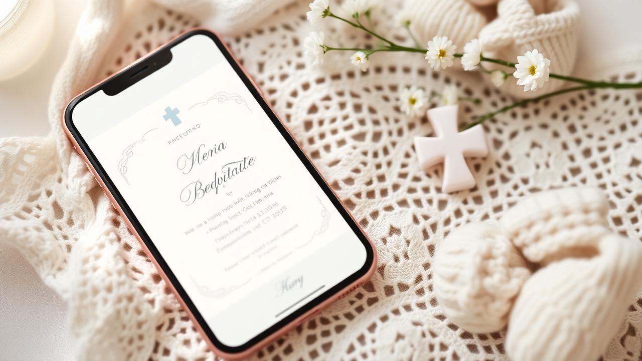 Convite de batizado em um celular sobre toalha de renda branca, com vela, cruz e sapatinhos de bebê