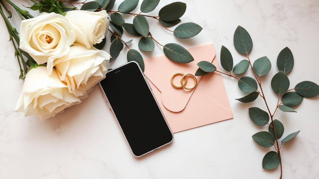 Convite de casamento em um celular sobre mármore claro, com rosas brancas, alianças douradas e folhas de eucalipto
