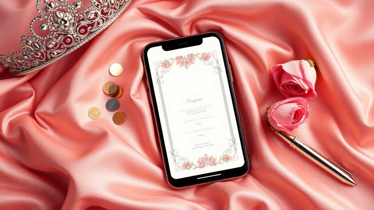 Convite de 15 anos digital na tela de um celular sobre cetim rosé, ao lado de tiara, rosas e caneta
